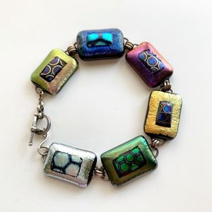 Fused Dichroic Glass Link Bracelet Handcrafted Sterling 925 Vintage, Gem Colors